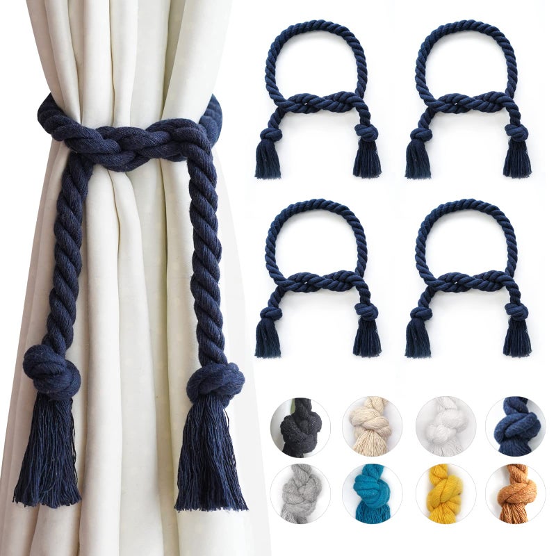 Yteseery 4 Pack Navy Blue Outdoor Curtain Tiebacks Rope, Natural Cotton Curtain Holders, Village Rural Rustic Curtain Holdbacks, Farmhouse Nautical Curtain Rope Tie Back for Drapery Patio - Image 1